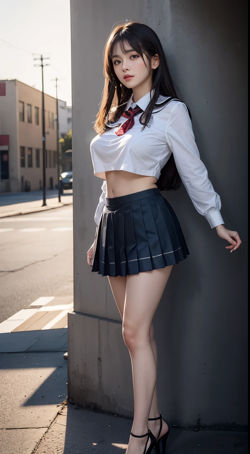 (highest quality:1.4), (hyper quality), (Super detailedな), 1 beautiful girl, Super cute, eyes are looking at someone else, (Composition seen from the side), wonderful face and eyes, (school uniform, pleated mini skirt:1.5), (very big breasts:1.1), (slender body:1.1), (thin and delicate legs), real skin texture, (Shedding bangs to the side), bright and shiny lips, Beautiful Goddess Advent, beautiful background, golden ratio, conceptual art, Super detailed, Accurate, advanced details, outdoor, sexy art, surrounded by a beautiful sunset, bright light, Super delicate illustration details, Highly detailed CG integrated 8K wallpaper, RAW photo, professional photos, cinematic lighting, Depth of bounds written, No bra, (The nipple protrusions push up the uniform), cropped tops, (High heels on bare feet)