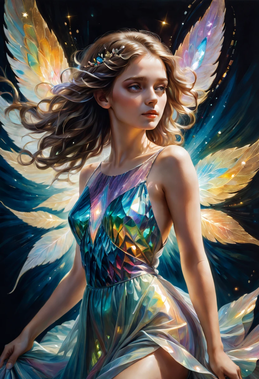 A breathtakingly detailed shot of an iridescent oil painting brings to life a divine girl, her ethereal aura radiant with divinity. With a face following the golden ratio and divine proportions, her countenance captivates with masterful brushwork. Her short dress flutters gently, its vibrant textures complementing the emotive depth conveyed in her expressive gaze. Dynamic composition pervades the artwork, with rich hues filling the canvas in a dramatic contrast. Crystal particles glitter at the edges, their refracted light playing against the backdrop of a vibrant background. Full motion effects add a captivating element, as if the scene comes alive in a diagonal