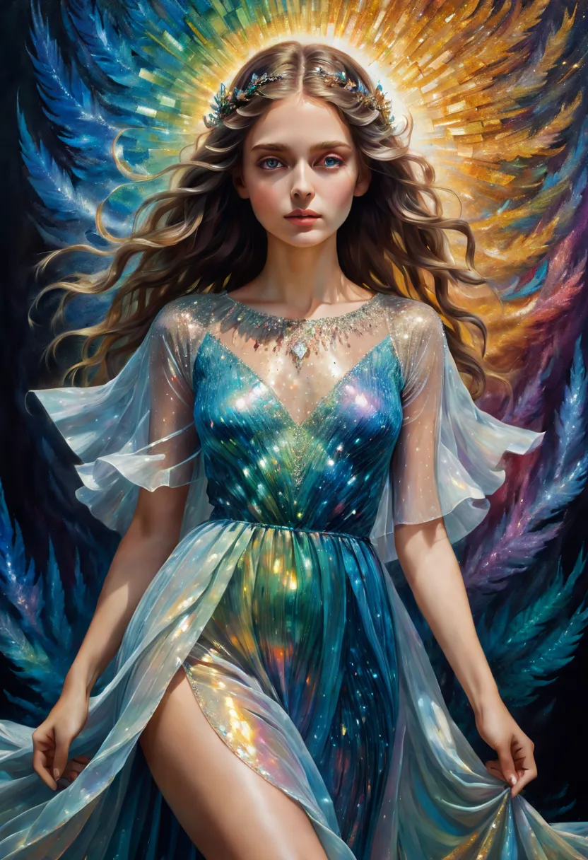 a breathtakingly detailed shot of an iridescent oil painting brings to life a divine girl, her ethereal aura radiant with divini...