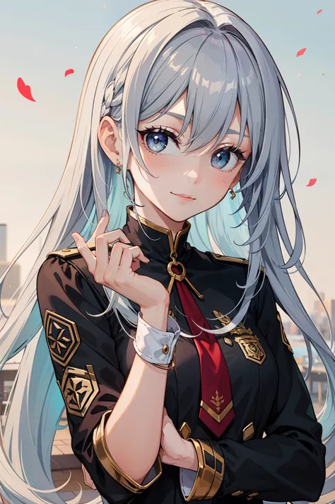 1 girl, silver hair, black eyes, smiling, black uniform, cute, cold face, calm face, happy, detailed face, detailed eyes