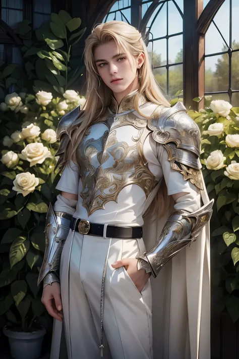 ((Best quality)), ((masterpiece)), (detailed), ((perfect face)), ((halfbody)) perfect proporcions,He is a handsome angel, 18 years old, long golden hair, he has white wings, He wears silver armor, he has honey-colored eyes, He is inside a greenhouse with w...