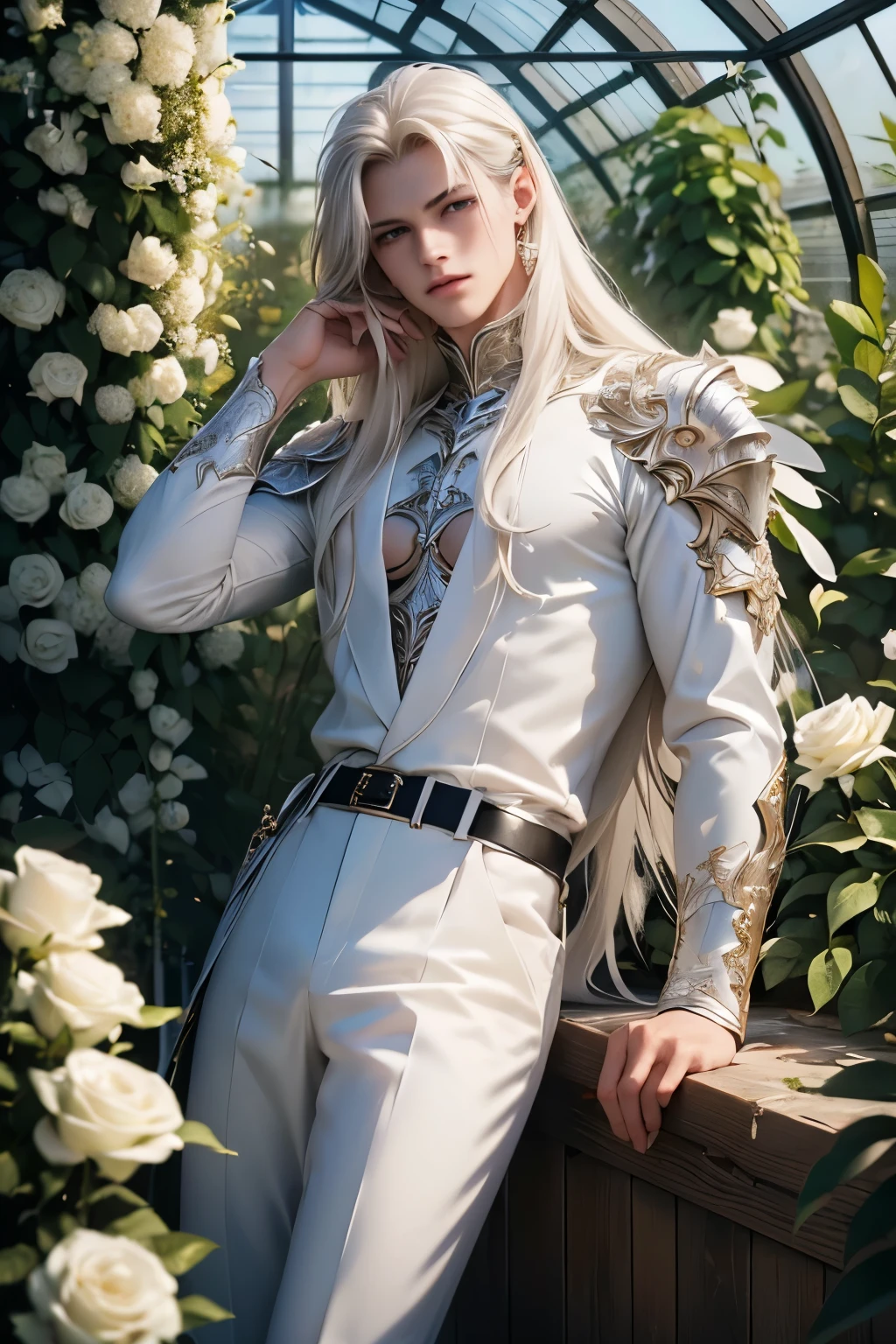 ((Best quality)), ((masterpiece)), (detailed), ((perfect face)), ((halfbody)) perfect proporcions,He is a handsome angel, 18 years old, long white hair, he has white wings, He wears silver armor, he has honey-colored eyes, He is inside a greenhouse with white roses, he has a metal belt, ((perfect face))