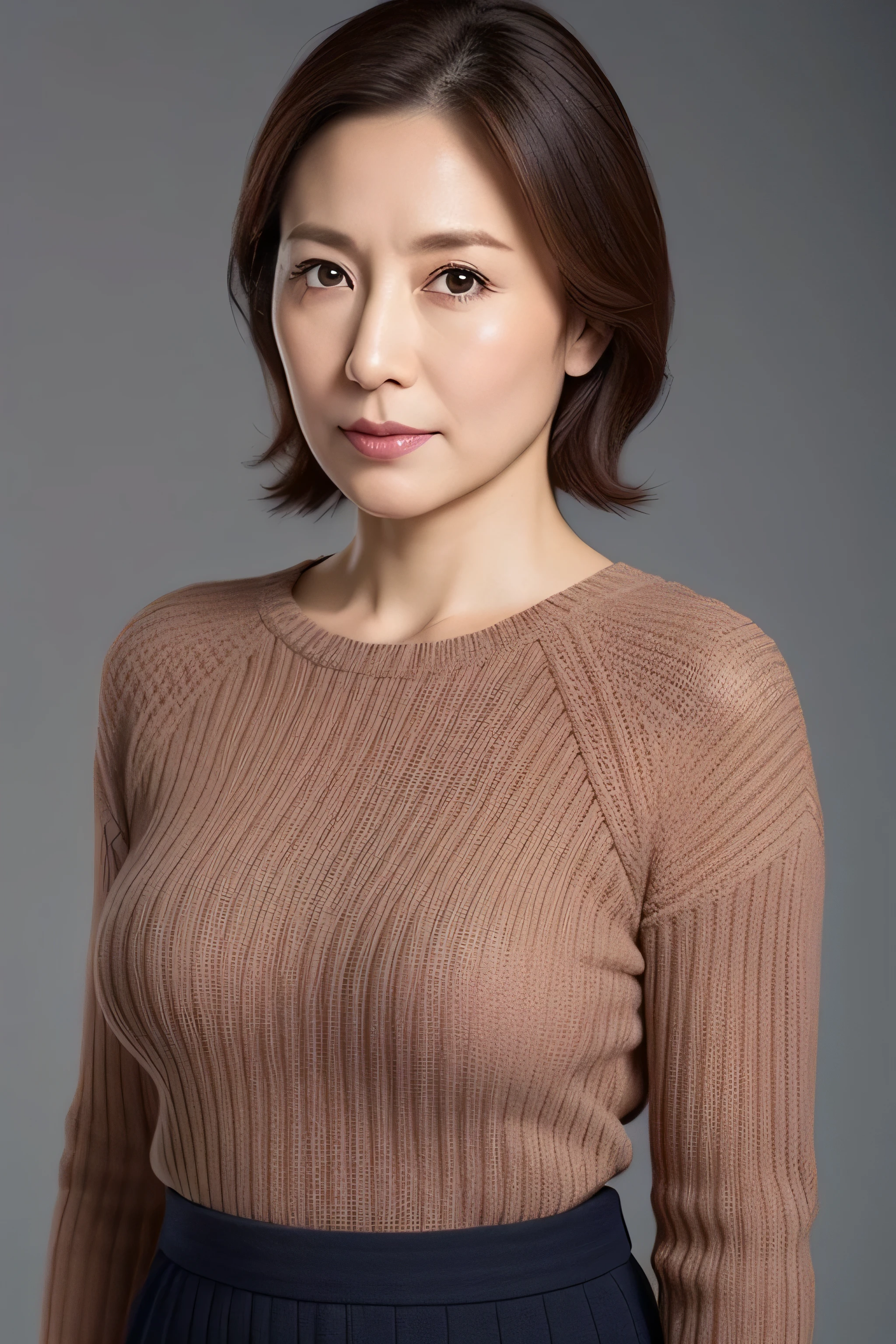 높은 해상도, 높은 수준의 이미지 품질, 높은 디테일, 걸작, 거친 피부, 해부학적으로 정확하다, 날카로운, 회색 배경((일본의 성숙한, 35세)), 홀로, ((얼굴 주름)), 몸매 좋고 큰 가슴, 어깨까지 오는 밝은 갈색 생머리, 통통한 체형、 (((똑바로 서다, 화면 중앙을 향하고.))), 입을 다물고 진지한 얼굴로 정면을 바라보세요, 스웨터, 치마, ((카우보이 샷)),