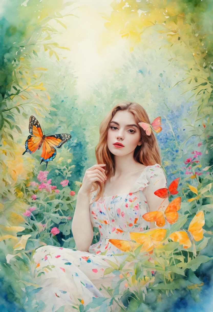 Une jeune femme dans un jardin secret, entourée d'une flore luxuriante et de papillons multicolores. La lumière filtrée crée une atmosphère sereine et apaisante. Le style de l'image est inspiré de la peinture à l'aquarelle