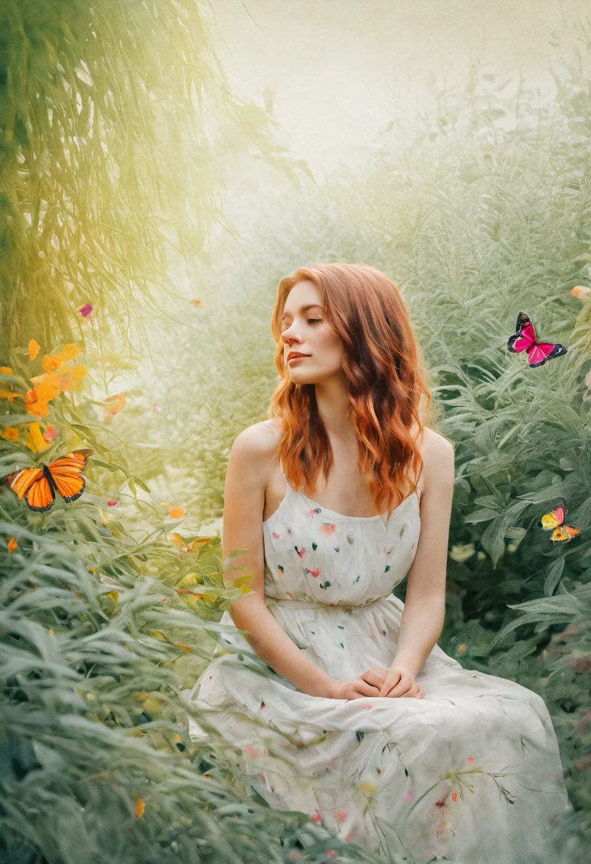 Une jeune femme dans un jardin secret, entourée d'une flore luxuriante et de papillons multicolores. La lumière filtrée crée une atmosphère sereine et apaisante. Le style de l'image est inspiré de la peinture à l'aquarelle