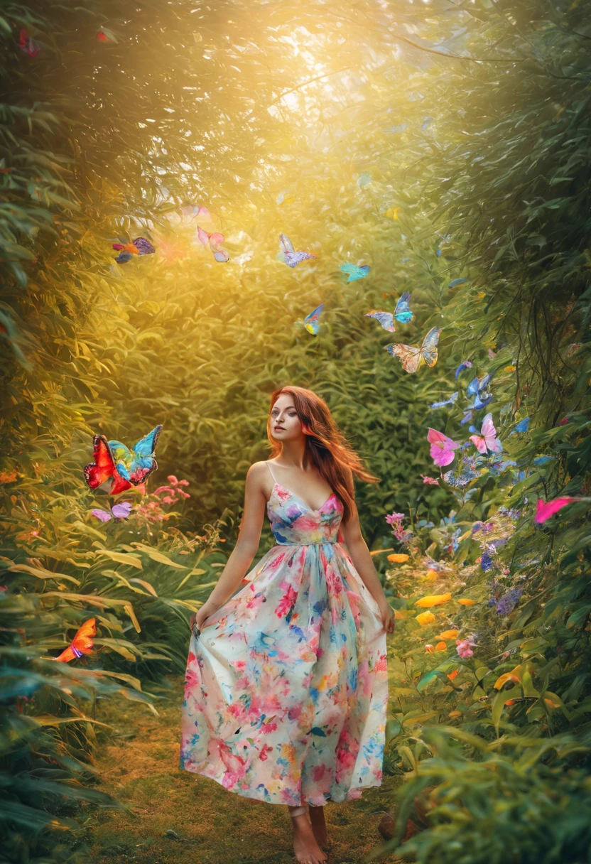 Une jeune femme dans un jardin secret, entourée d'une flore luxuriante et de papillons multicolores. La lumière filtrée crée une atmosphère sereine et apaisante. Le style de l'image est inspiré de la peinture à l'aquarelle