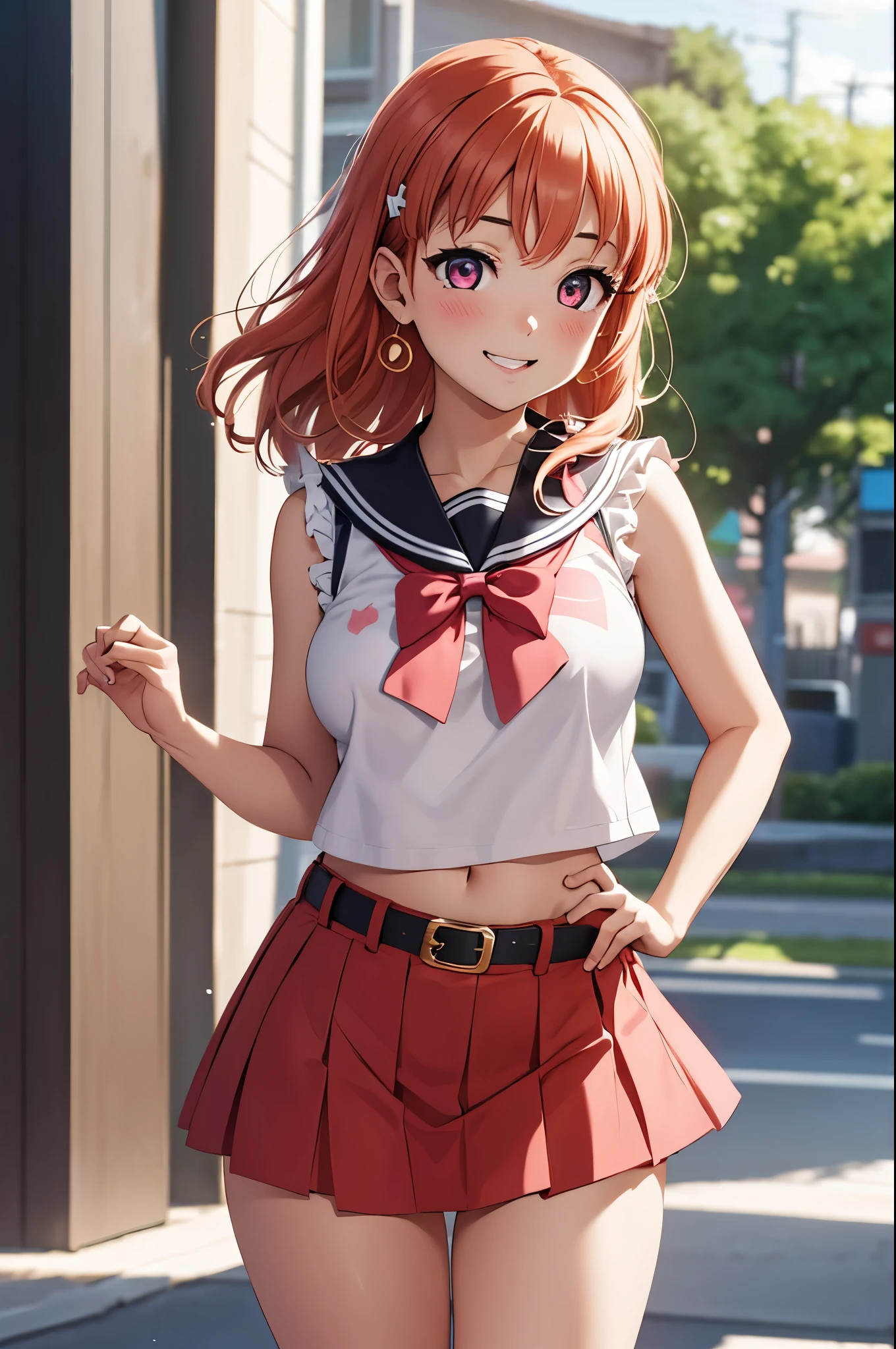 (best quality,4k,8k,highres,masterpiece:1.2), ultra-detailed,takami chika, pink eyes,sailor top, school skirt, navel, standing ,one hand on hip another hand on head,slightly excited and smile, sleeveless, thighs, cowboy shot, hair ornamen ,big breasts ,nipples