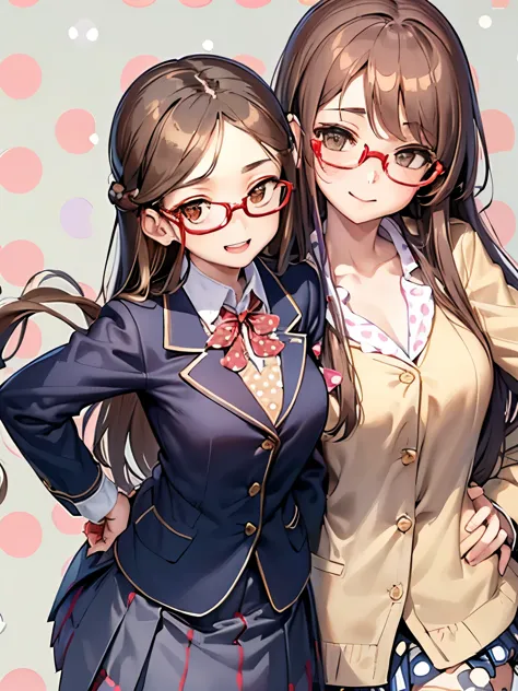 girl,Fashionable glasses,(long curly light brown hair),((BREAK)),(Navy blazer type school uniform:1.3),(plaid pleated skirt:1.2)...
