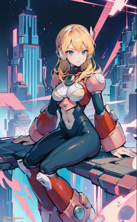 alia_megamanx sitting on the border of the top of a building Tokyo - bak cyberpunk city at the background, ssci - fi, fantasy, intricate, very very beautiful, elegant, neon light, highly detailed, digital painting, artstation, concept art, human anatomy, s...
