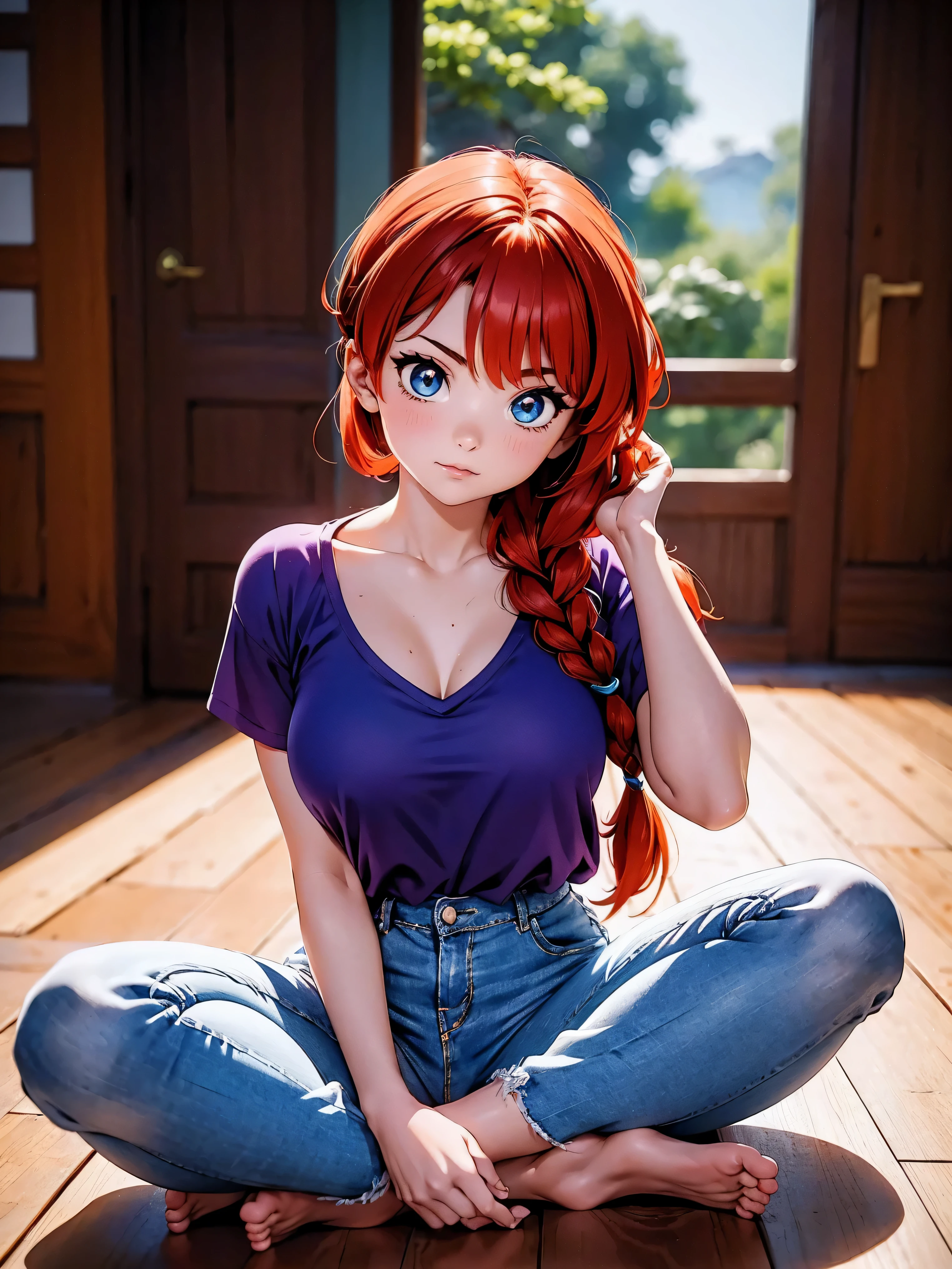 Anime girl rousse avec un short en jean bleu et un chemisier violet, 16 ANS, accroupi, assis avec les jambes croisées, beau corps, gros seins, avec tes mains derrière la tête, passer tes mains dans tes cheveux, fille sexy, red cheveux avec tresse, éclairage magnifique, ombres douces, yeux bleus, belles jambes, cheveux avec tresse, style animé, Ranma chan, Autora Rumiko Takahashi, D&#39;après une œuvre de Rumiko Takahashi, Anime Ranma 1/ 2, déco sexy, hanche robuste, tout le corps, tout le corps, gros buste, jeune fille avec un beau et beau corps, sandales aux pieds, petite jeune fille, portant un short en jean bleu et un beau chemisier violet, fille animée, style animé, beaux pieds en sandales, assis par terre, Angle de vision 45°