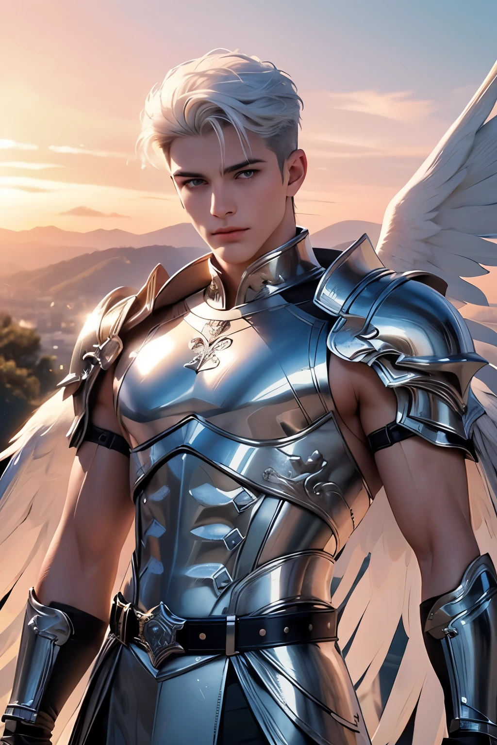 ((Best quality)), ((masterpiece)), (detailed), ((perfect face)), ((halfbody)) perfect proporcions,He is a handsome angel, 25 years old, white hair, he has white wings, He wears silver armor, angel wings, he has honey-colored eyes, There is a pink sky behind him, muscular male, he is a warriorangel, There is a sunset sky, he spreads his white angel wings there is a lake in the background, he has a metal belt, ((perfect face))