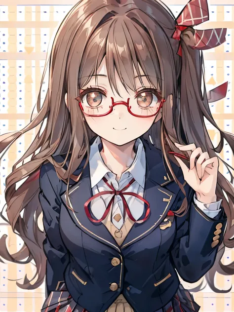 girl,fashionable glasses,(long curly light brown hair),((break)),(navy blazer type school uniform:1.3),(plaid pleated skirt:1.2)...