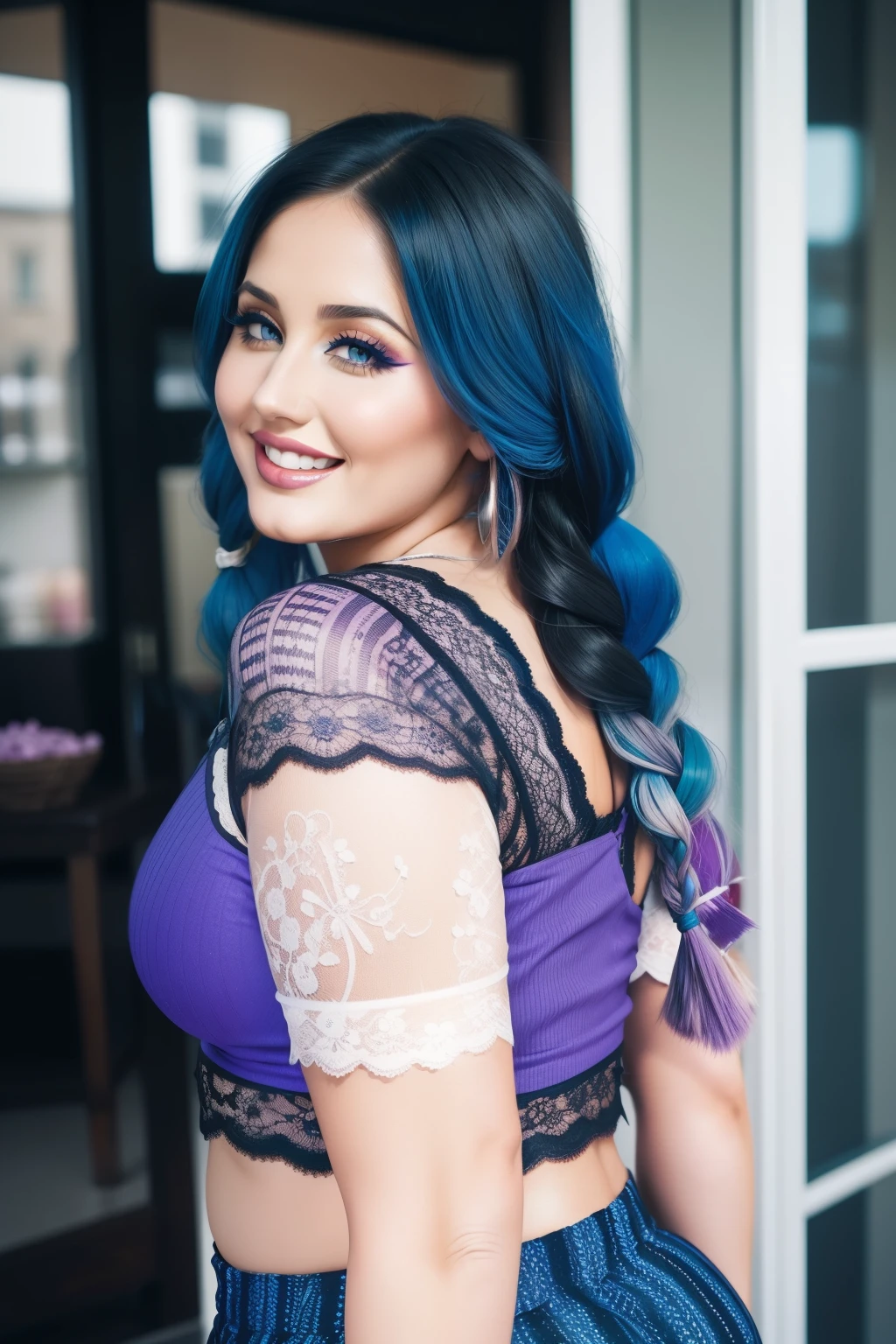 A woman with blue hair and a purple top posing for a picture - SeaArt AI