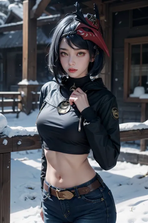 ((long sleeved puffer parka, long dark blue jeans, gold belt)), ((midriff, navel)), looking at viewer, snow, city on background,...