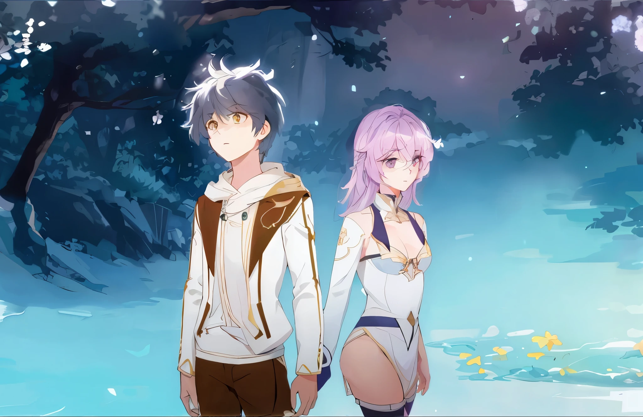 Two anime characters standing next to each other in a field - SeaArt AI