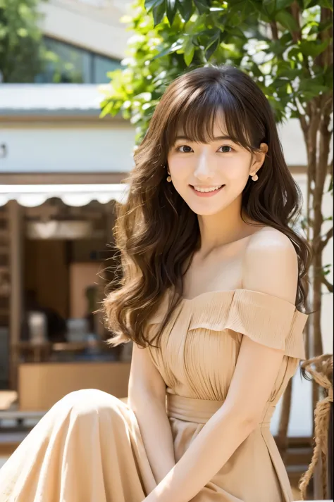 female japanese sitting on café terrace, elegant, long curly hair, turn, off shoulders, large round eyes, sunlight, with round f...