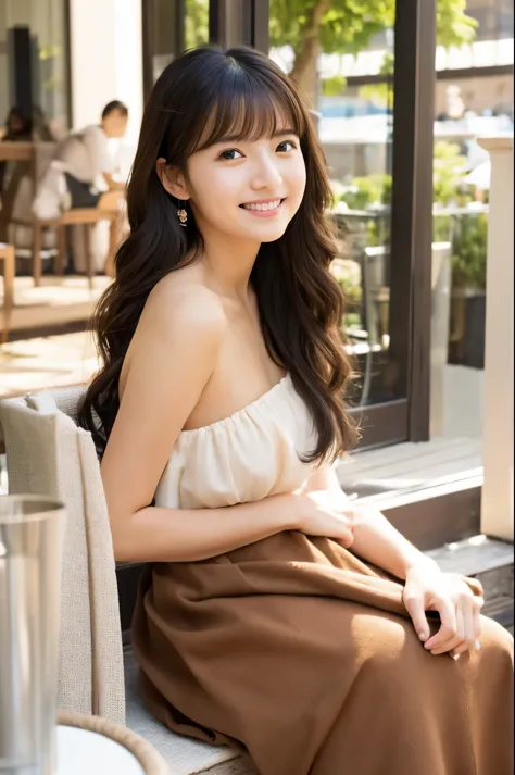 Female Japanese sitting on café terrace, Elegant, long curly hair, turn, off shoulders, large round eyes, Sunlight, with round face, With bangs, Brown eyes, narrow forehead, a baby face, Tear bag, smile, Large front teeth are slightly visible, long skirt,
