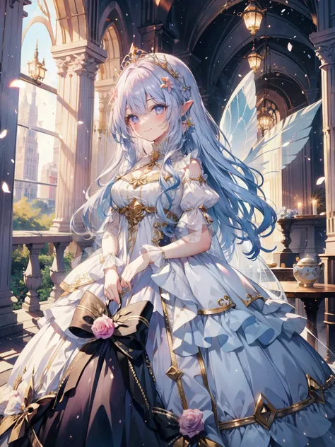 soft expression,((light smile,happy:1.5))((Sparkling fluffy layered ball gown)),A large and beautiful dress inspired by rose flowers, Intricate puffy ball gown with lots of flowers and ruffles and rhinestones ( table top, art station, fantasy art:1.2), See...