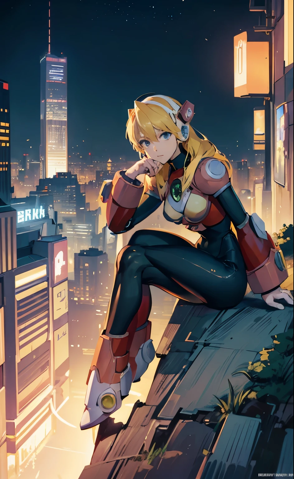 alia_megamanx sitting on the border of the top of a building Tokyo - bak cyberpunk city at the background, ssci - fi, fantasy, intricate, very very beautiful, elegant, neon light, highly detailed, digital painting, artstation, concept art, human anatomy, soft light, smooth, illustration, by tian zi and artgerm and greg rutkowski and alphonse mucha and loish and WLOP