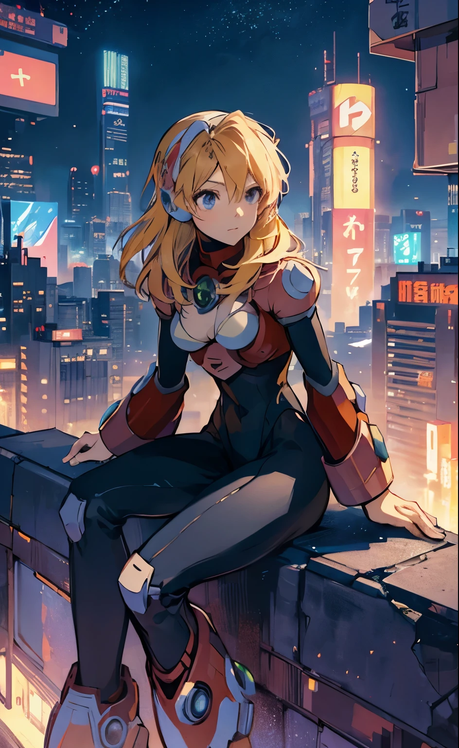 otras cosas_megamanx sentado en el borde de la cima de un edificio Tokio - bak cyberpunk city al fondo, SSCI-FI, fantasía, Intrincado, Muy muy bonito, elegant, Luz de neón, muy detallado, pintura digital, estación de arte, Arte conceptual, anatomía humana, luz tenue, Liso, ilustración, por tian zi y artgerm y greg rutkowski y alphonse mucha y loish y WLOP