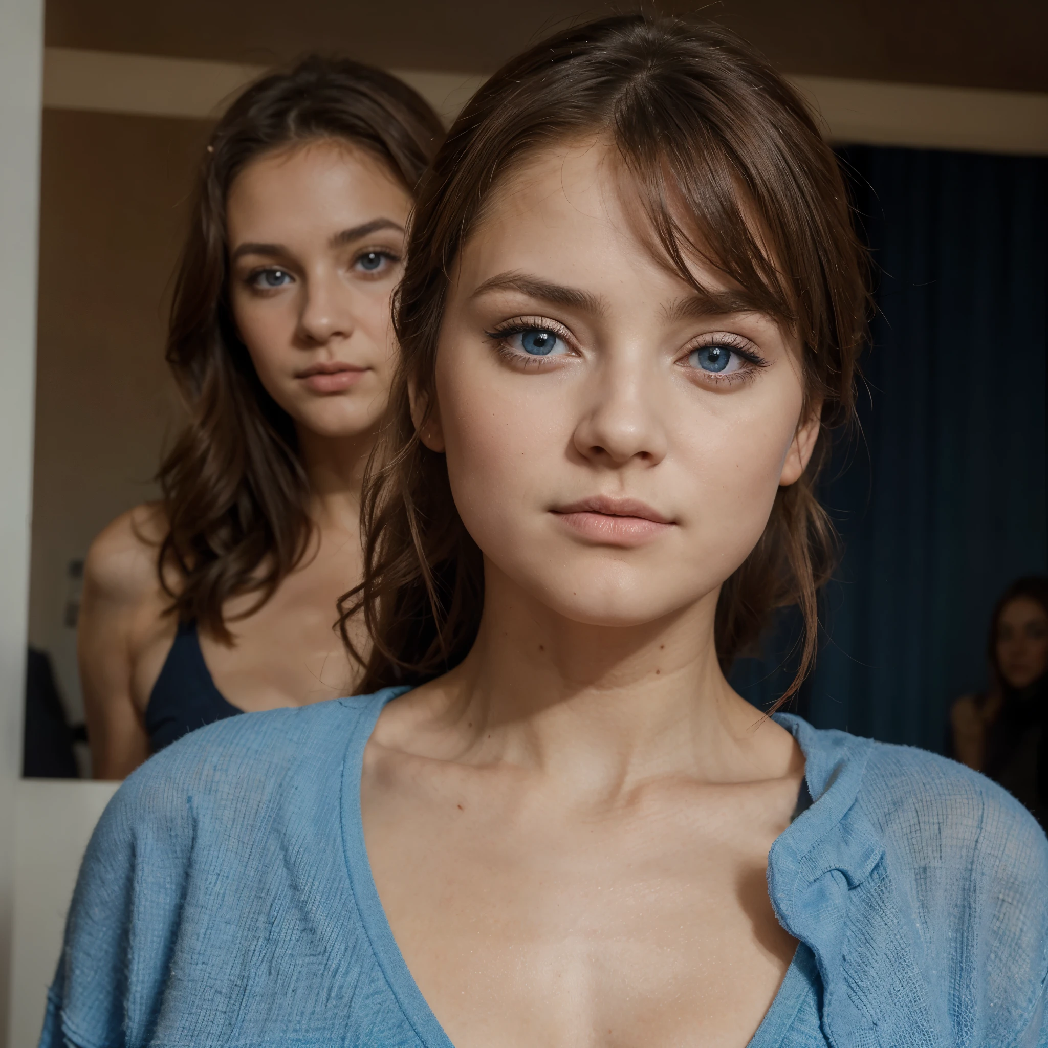 A close up of two women standing in front of a mirror - SeaArt AI