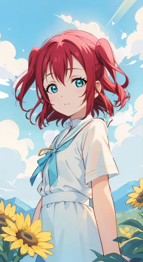 ruby kurosawa, aqua eyes, medium hair, red hair, two side up, twintails,