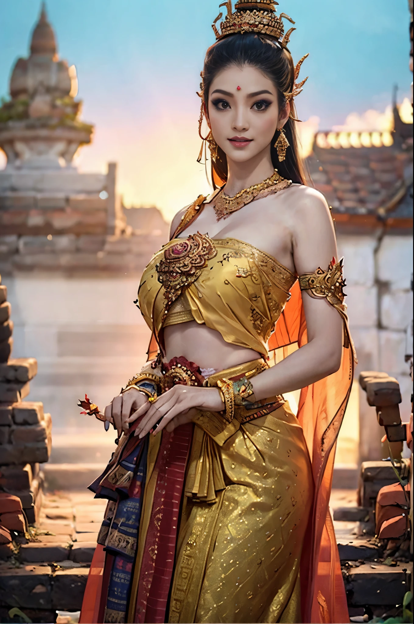 (meilleure qualité,photo-réaliste),femme thaïlandaise arrafée,costume sexy de Sukhothai ancien,pagne,ornement,sein visible,tissu révélateur,Culturel,coloré,Détails exquis,fine broderie à la main,coiffure élaborée,maquillage traditionnel,pose majestueuse,Coucher de soleil brillant,Toile de fond d&#39;un temple thaïlandais antique,atmosphère sereine,Éclairage doux,couleurs vives,Fusion historique,des lanternes éclairent la scène,fleurs de lotus ornant les environs,équilibre esthétique,beauté éthérée