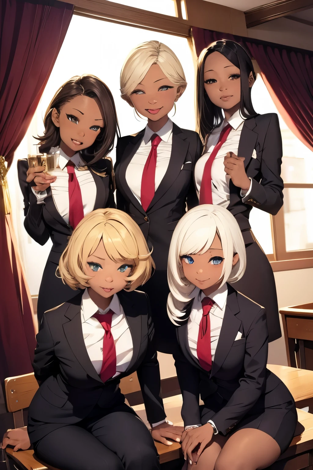 masterpiece, beautiful detail, beautiful light and shadow, 5girls in witch 1girl with dark skin and blonde hair 1girl with dark skin and 1girl with blonde hair, beautiful face, , school, blurred background with desk 