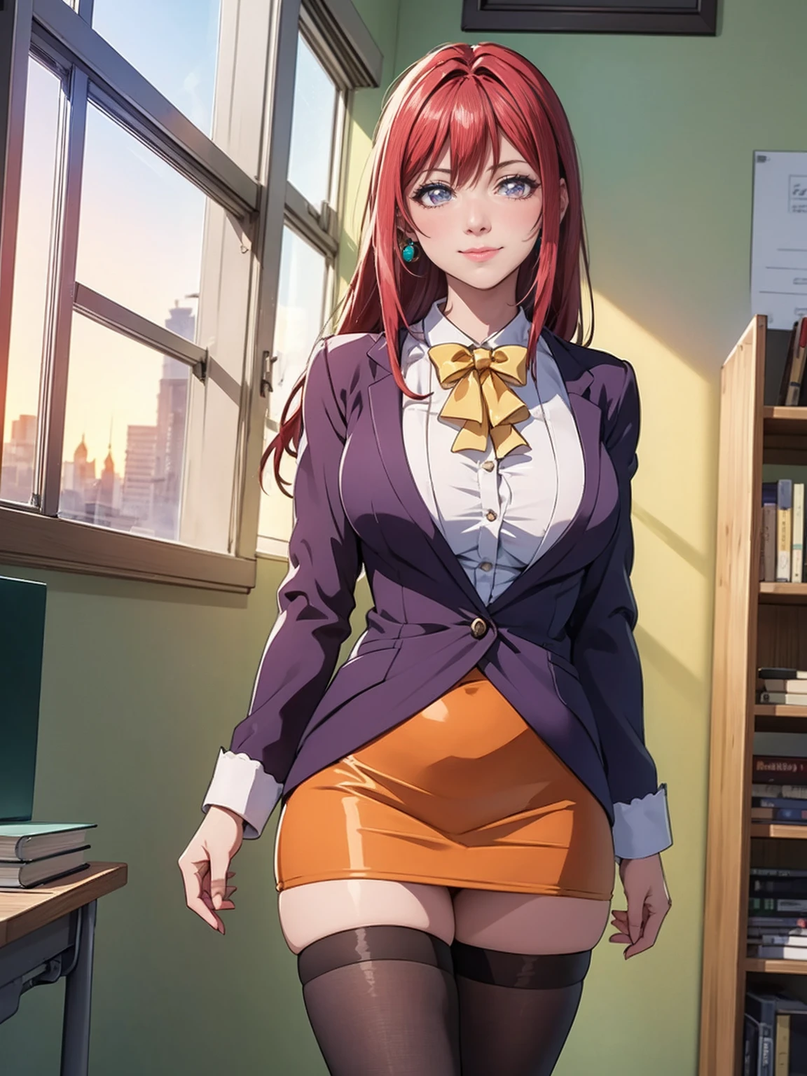 (high quality:1.2), intricate detailed, digital art, TakashiroHiroko, 1girl, mature female, solo, hand on hip, holding book, cowboy shot, looking at viewer, smile, blush, purple eyes, long hair, red hair, earrings, jewelry, teacher, blouse, bowtie, blazer, pencil skirt, thighhighs, curvy, large breasts, school, window, sky, sunlight, city, complex background, sunset,((3/4 perspective, three-quarter perspective))