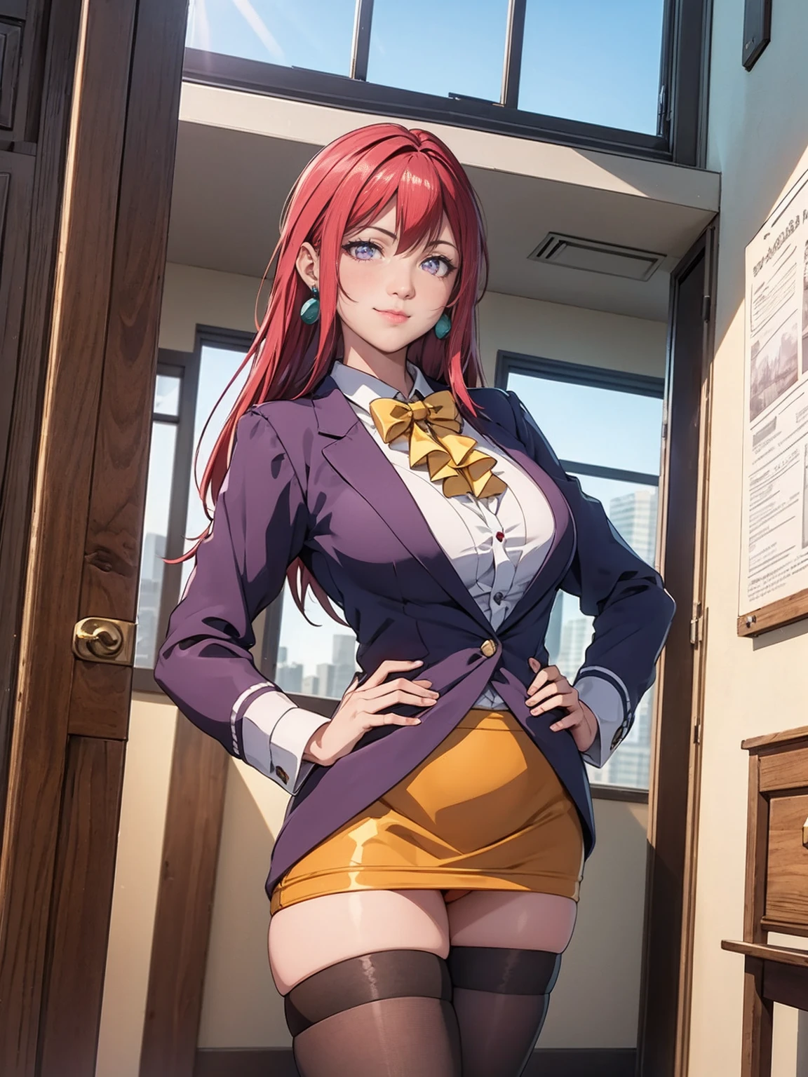 (high quality:1.2), intricate detailed, digital art, TakashiroHiroko, 1girl, mature female, solo, hand on hip, holding book, cowboy shot, looking at viewer, smile, blush, purple eyes, long hair, red hair, earrings, jewelry, teacher, blouse, bowtie, blazer, pencil skirt, thighhighs, curvy, large breasts, school, window, sky, sunlight, city, complex background, sunset,((3/4 perspective, three-quarter perspective))