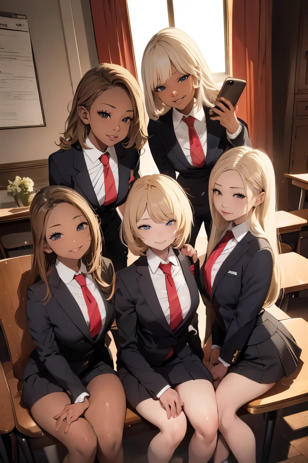 masterpiece, beautiful detail, beautiful light and shadow, 5girls in witch 1girl with dark skin and blonde hair 1girl with dark skin and 1girl with blonde hair, beautiful face, , school, blurred background with desk 