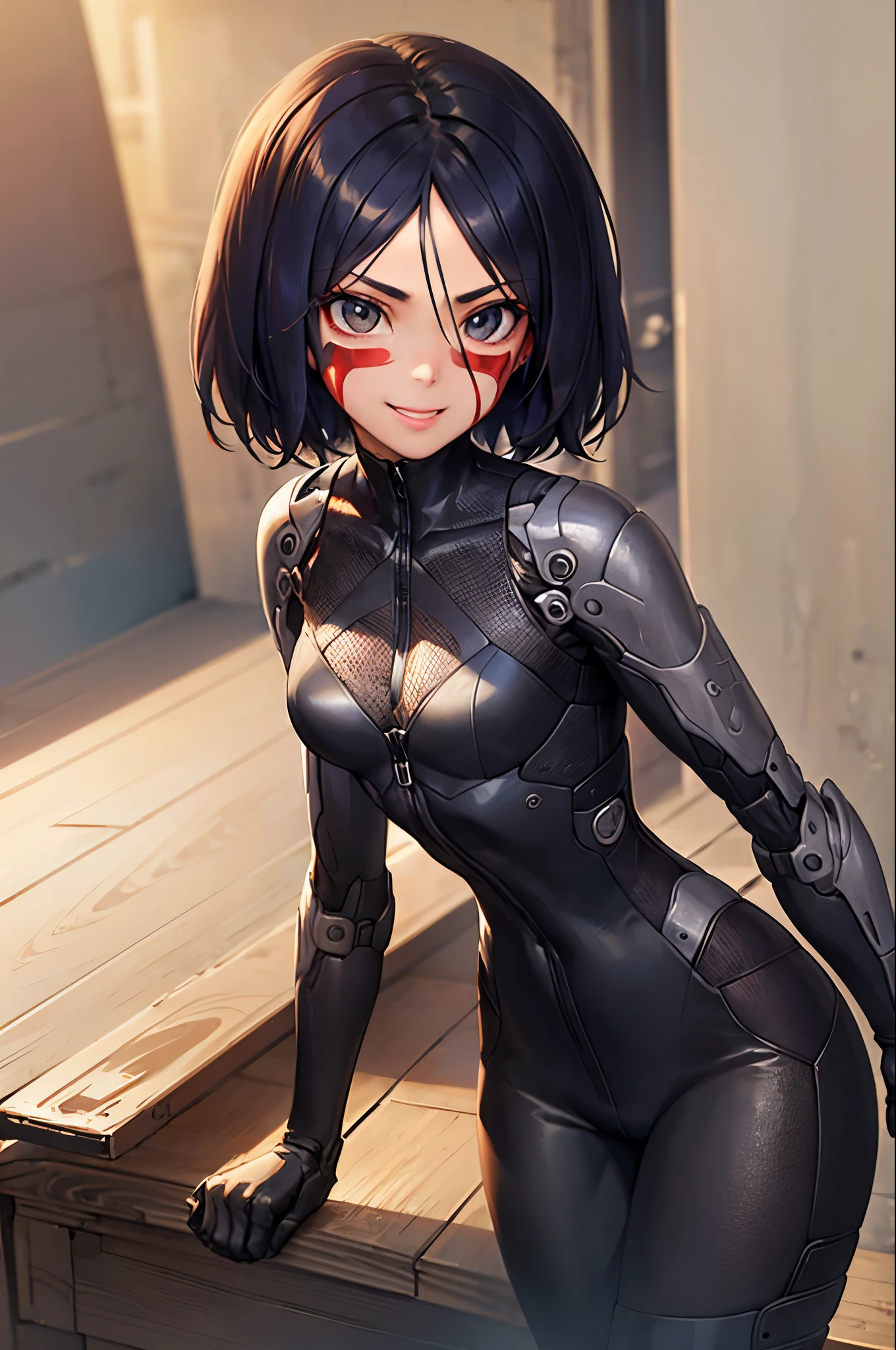 1girl, (masterpiece:1.3), high resolution), (8K), (extremely detailed), (4k), (pixiv), perfect face, nice eyes and face, (best quality), (super detailed), detailed face and eyes, (solo), textured skin, absurdres, highres, gallywz, red facepaint, bare shoulders, mechanical arms,(mechanical hands:1.1),  robot, facial mark, (bodysuit), (pants) ,cyberpunk, brown eyes, black hair, short hair, looking at viewer, cowboy shot, standing, room, cute, smile, blush, sitting, NSFW, flirting with camera, closeups cleavage, adult photo, raw photo