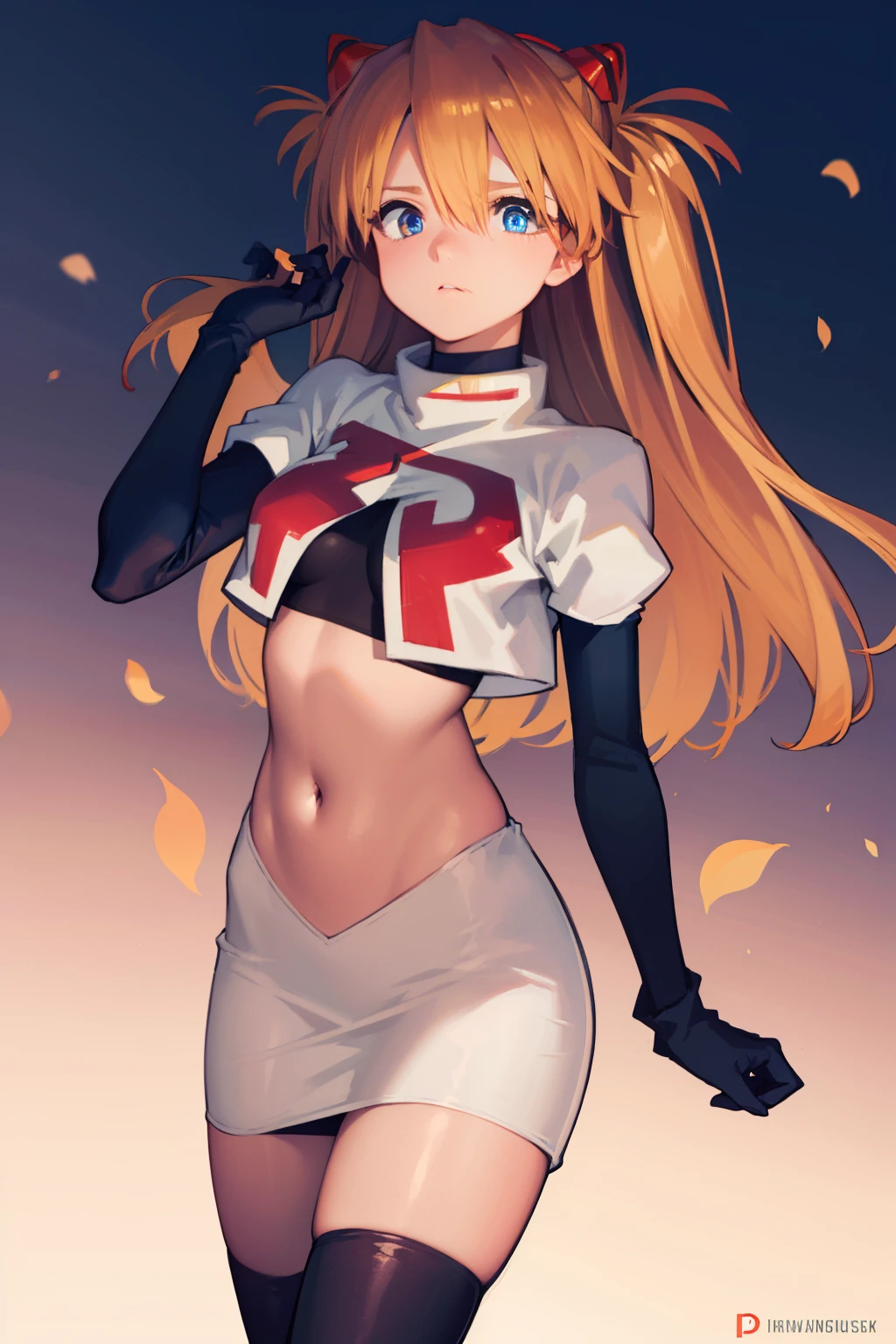 asukalangley, asuka langley soryu, (souryuu asuka langley:1.5), blue eyes, hair between eyes, headgear, interface headset, orange hair, two side up,
BREAK team rocket,team rocket uniform,white skirt,crop top,black thigh-highs,black elbow gloves
BREAK looking at viewer, (cowboy shot:1.5),
BREAK (masterpiece:1.2), best quality, high resolution, unity 8k wallpaper, (illustration:0.8), (beautiful detailed eyes:1.6), extremely detailed face, perfect lighting, extremely detailed CG, (perfect hands, perfect anatomy),