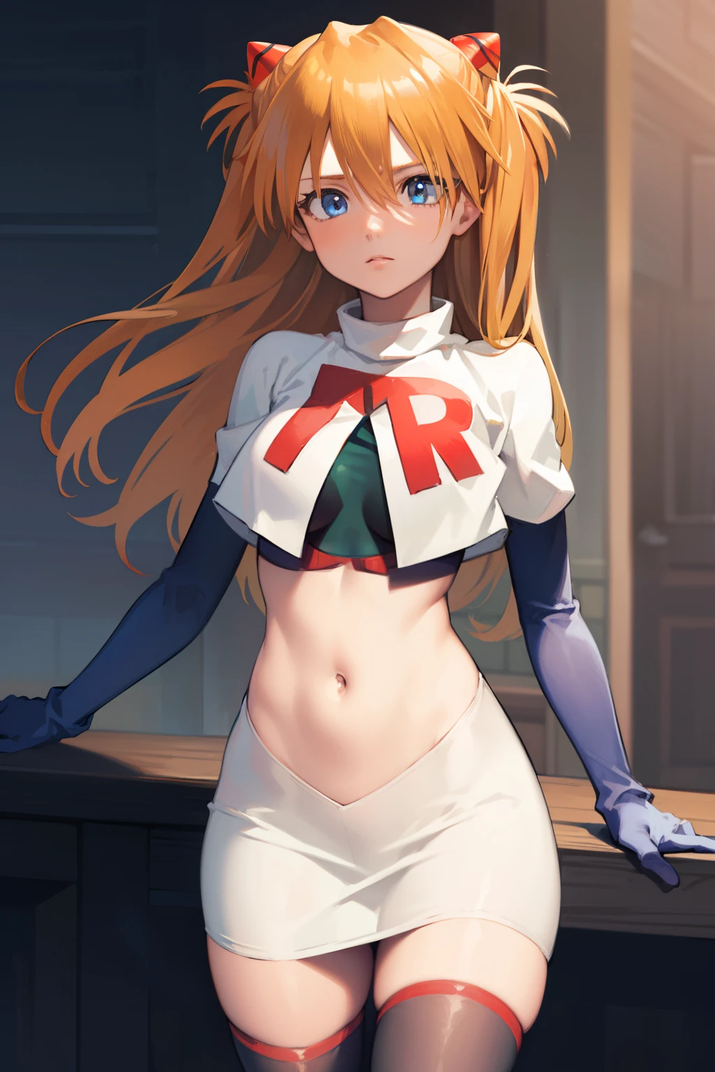 asukalangley, asuka langley soryu, (souryuu asuka langley:1.5), blue eyes, hair between eyes, headgear, interface headset, orange hair, two side up,
BREAK team rocket,team rocket uniform,white skirt,crop top,black thigh-highs,black elbow gloves
BREAK looking at viewer, (cowboy shot:1.5),
BREAK (masterpiece:1.2), best quality, high resolution, unity 8k wallpaper, (illustration:0.8), (beautiful detailed eyes:1.6), extremely detailed face, perfect lighting, extremely detailed CG, (perfect hands, perfect anatomy),