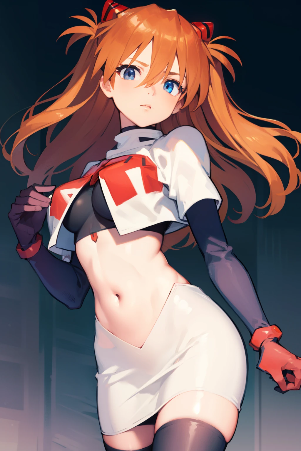 asukalangley, asuka langley soryu, (souryuu asuka langley:1.5), blue eyes, hair between eyes, headgear, interface headset, orange hair, two side up,
BREAK team rocket,team rocket uniform,white skirt,crop top,black thigh-highs,black elbow gloves
BREAK looking at viewer, (cowboy shot:1.5),
BREAK (masterpiece:1.2), best quality, high resolution, unity 8k wallpaper, (illustration:0.8), (beautiful detailed eyes:1.6), extremely detailed face, perfect lighting, extremely detailed CG, (perfect hands, perfect anatomy),