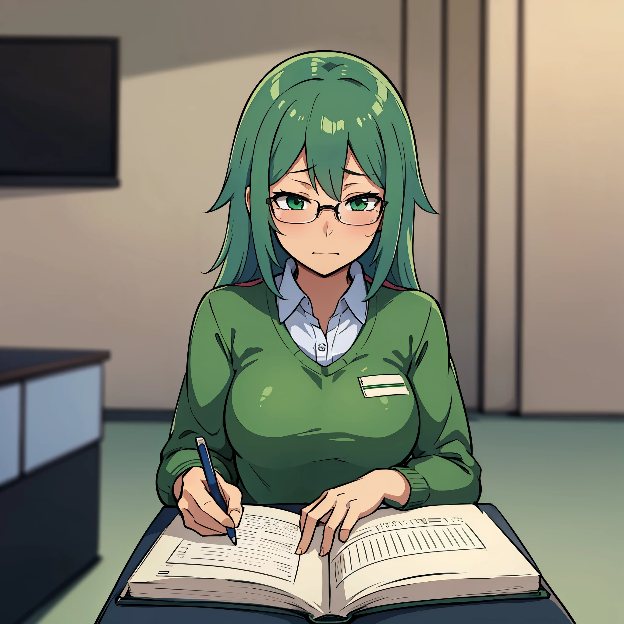 Chica anime con cabello verde sentada en un escritorio con un libro -  SeaArt AI