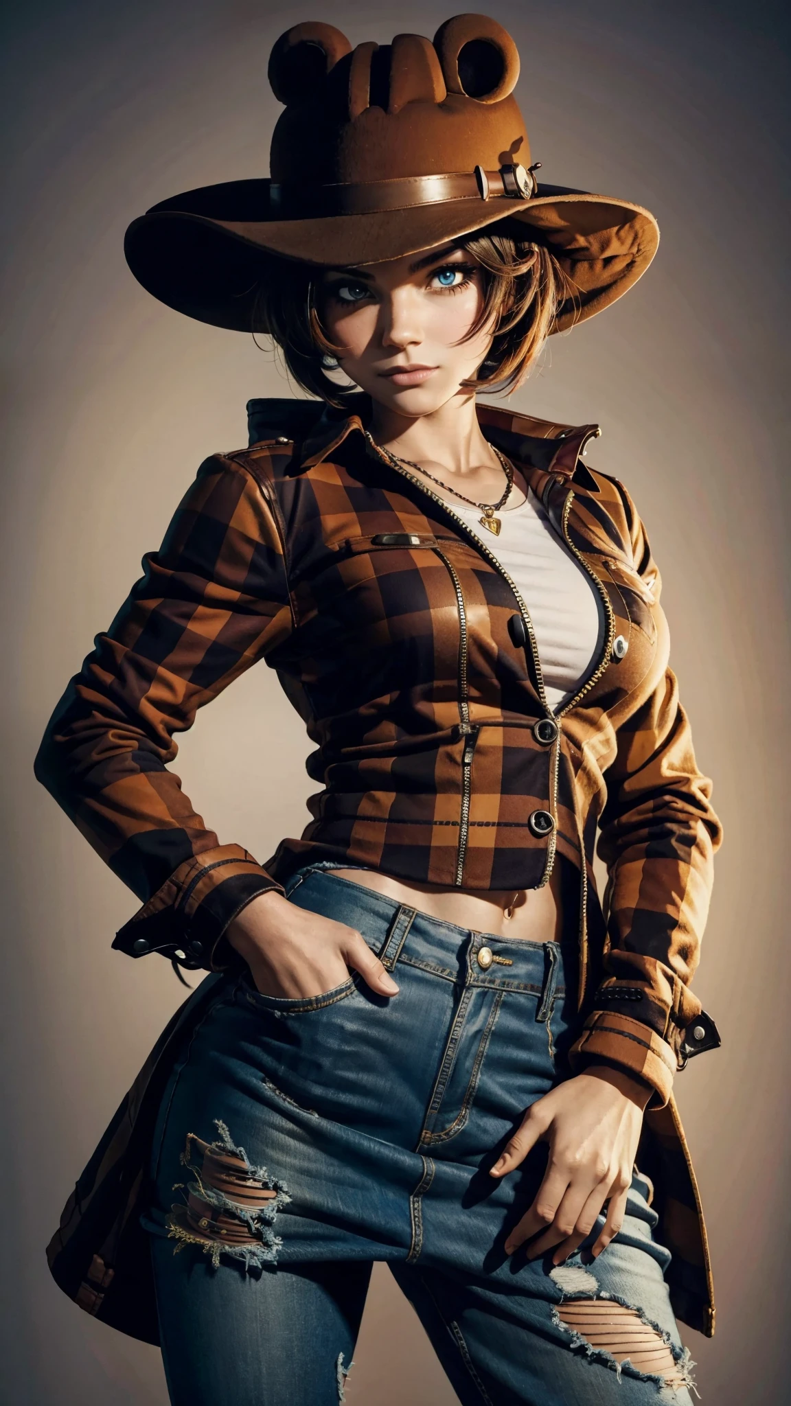 A close up of a woman wearing a hat and a plaid shirt - SeaArt AI