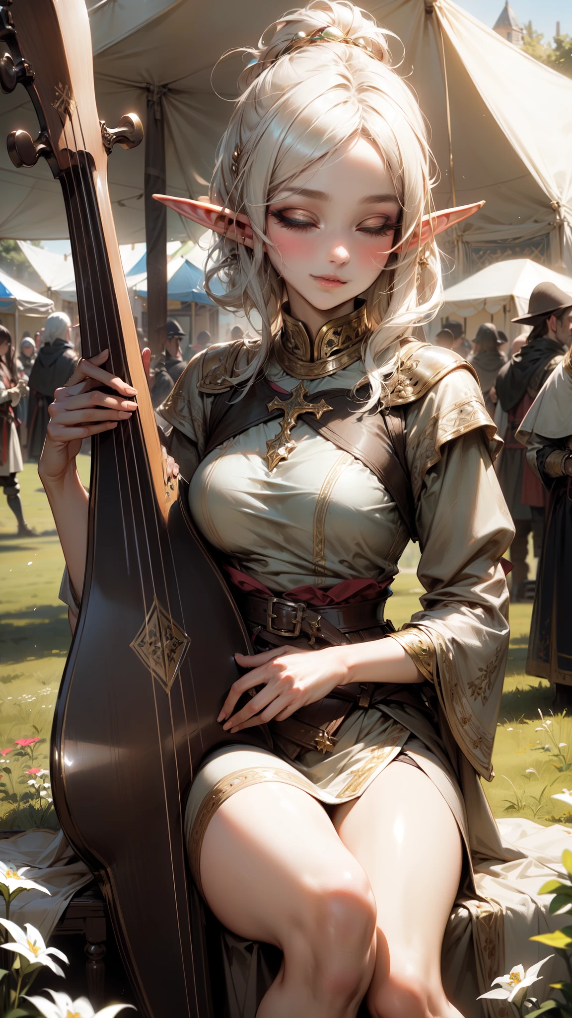 ((masterpiece)), (top quality), (best quality), ((ultra-detailed, 8k quality)), Cinematic lighting, Volumetric lighting, (detailed line art), absurdres, (best composition), (high-resolution), Aesthetics, serene mood, (a graceful gorgeous young elf woman, sitting cross-legged as she plays a lute instrument the crowd),  ((pretty and elegant)), (((playing a lute musical instrument))), ((performing music while sitting outdoors at a (medieval:1.3) spring festival)), ((graceful physique)), medium breasts, (elegant black silk shimmering cocktail dress with gold embroidery), cheerful spring lighting, (outdoors at the crowded village festival), ((people in background field of flowers and tents medieval Europe style)), celebration!, depth of field, sharp focus, (fantasy:1.3), [cinematic dramatic atmosphere],[atmospheric perspective],
BREAK,
highly detailed of ((elf:1.4)), (1girl), solo, perfect face, details eye, hair Bun, (hime cut, bangs:1.2), (white shining hair:1.2),((blindfolded, eyes closed)), (beautiful detailed eyelashes, eyeshadow, pink eyeshadow),  gentle smile, Concept art by Mikimoto Haruhiko, by Kawacy, By Yoshitaka Amano, BREAK, 
((perfect anatomy)), perfect body, (medium breast), perfect hands, perfect face, beautiful face, beautiful eyes, perfect eyes, (perfect fingers, deatailed fingers), correct anatomy, perfect legs, 