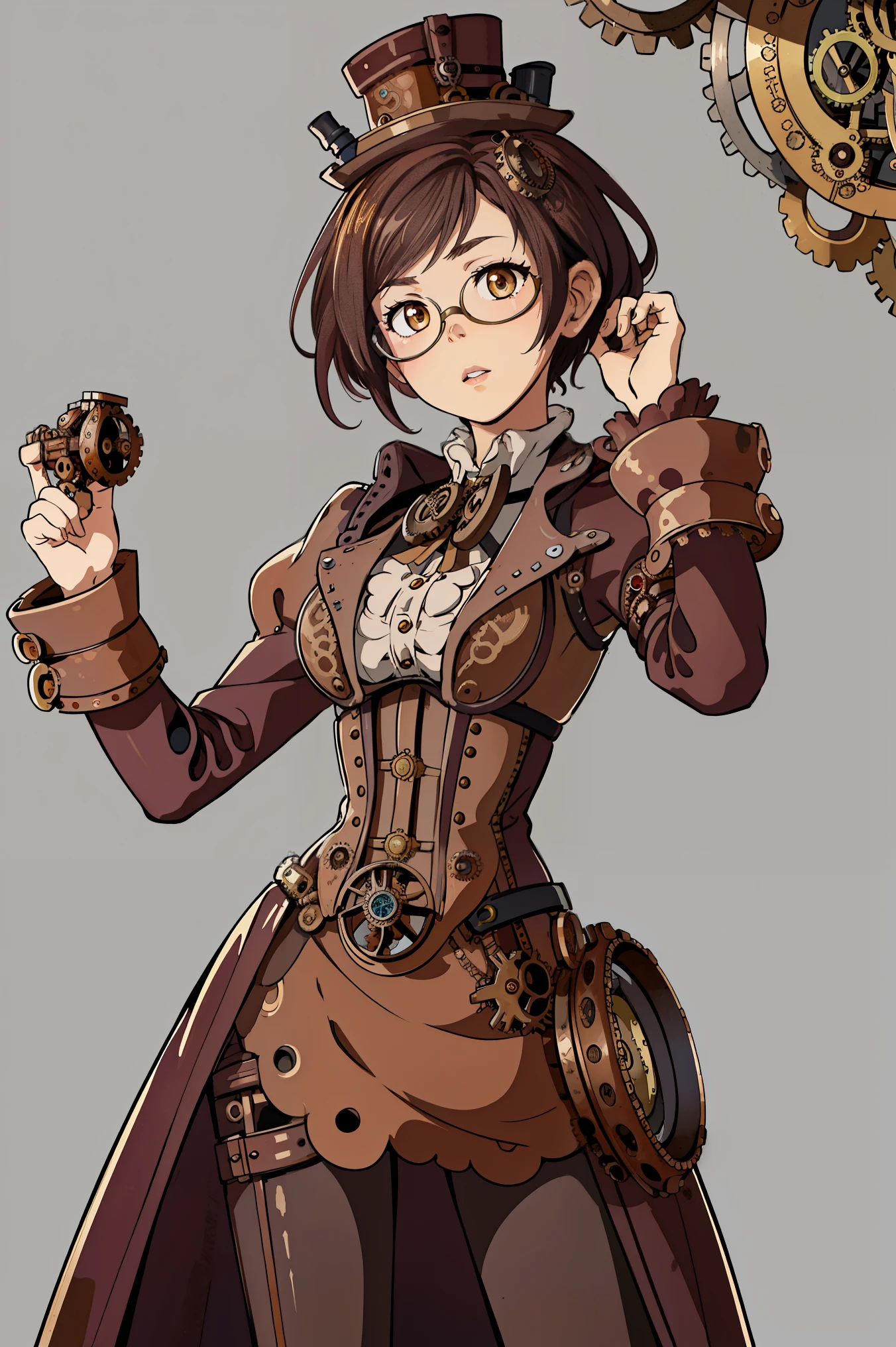 1 girl, close up, details Intricate, (Steampunk:1.4), mechanical arms, glasses, Messy hair, glasses on head, victorian dress, (art nouveau), gears Steampunk, gears, machinery