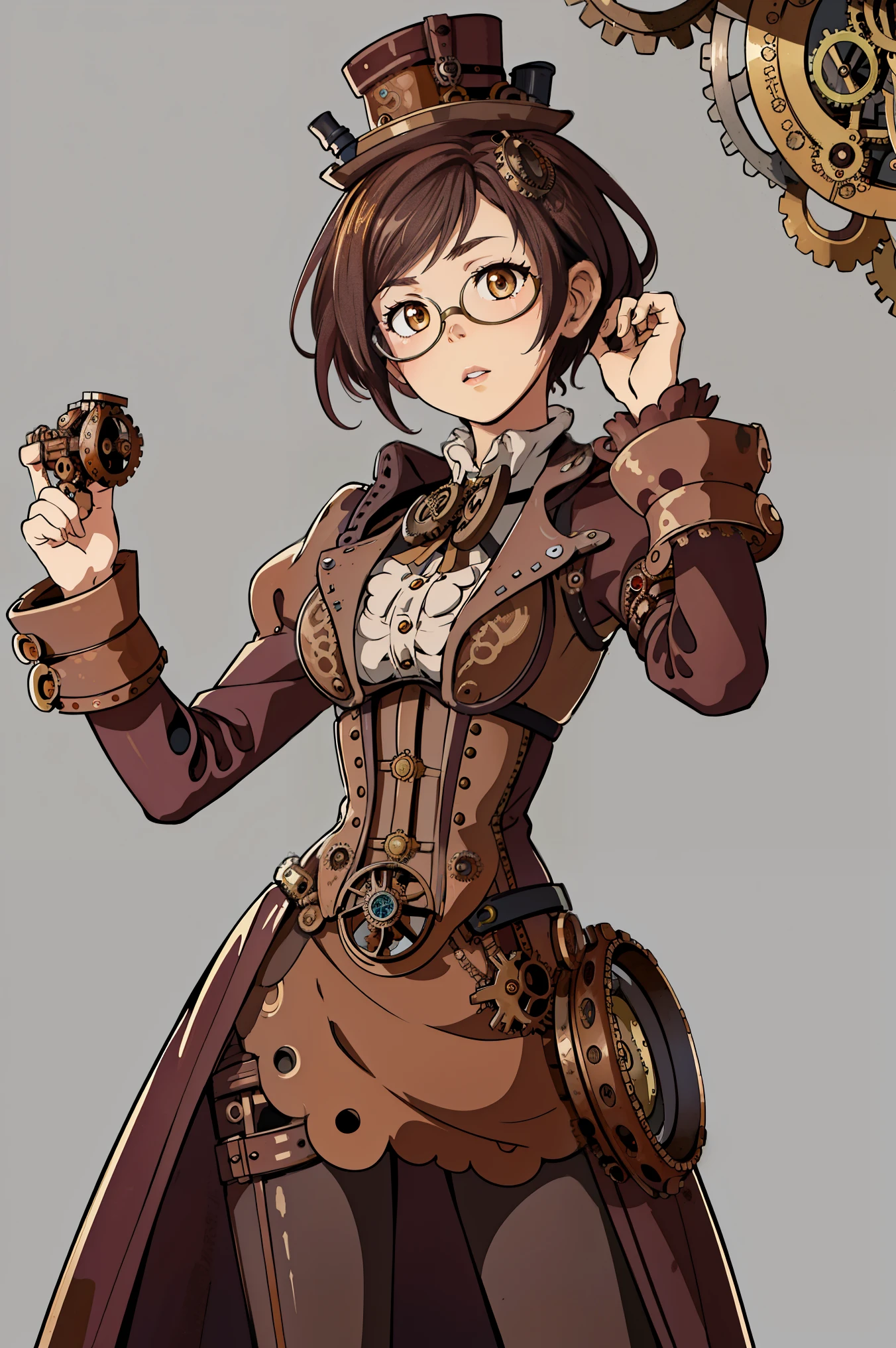 1 garota, fechar-se, detalhes intrincados, (steampunk:1.4), mechanical arms, glasses, Messy hair, glasses on head, vestido vitoriano, (Arte Nova), engrenagens steampunk, engrenagens, maquinaria