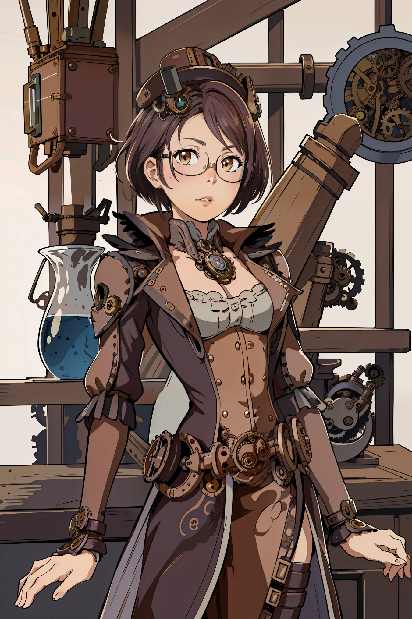 1 girl, close up, details Intricate, (Steampunk:1.4), mechanical arms, glasses, Messy hair, glasses on head, victorian dress, (art nouveau), gears Steampunk, gears, machinery