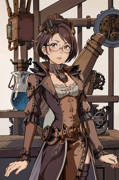 1 garota, fechar-se, detalhes intrincados, (steampunk:1.4), mechanical arms, glasses, Messy hair, glasses on head, vestido vitor...