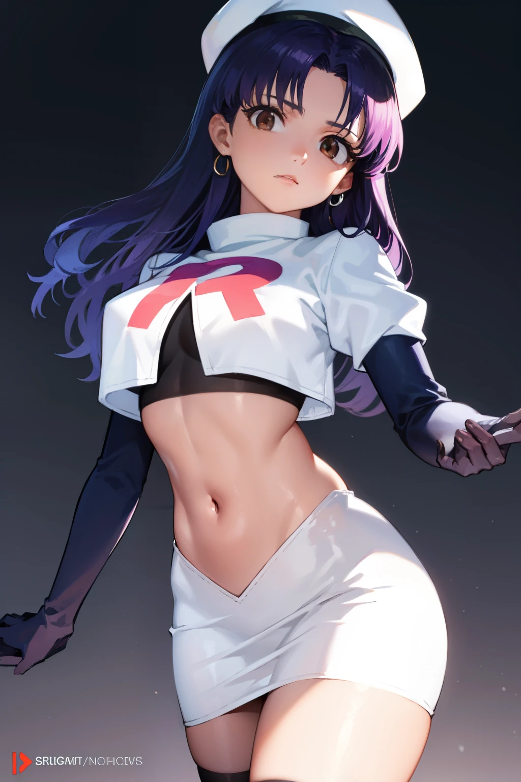 misatokatsuragi, misato katsuragi, long hair, (brown eyes:1.5), blue hair, (purple hair:1.2),
BREAK hat, jewelry, earrings, beret, red headwear, team rocket,team rocket uniform,white skirt,crop top,black thigh-highs,black elbow gloves
BREAK looking at viewer, (cowboy shot:1.5),
BREAK (masterpiece:1.2), best quality, high resolution, unity 8k wallpaper, (illustration:0.8), (beautiful detailed eyes:1.6), extremely detailed face, perfect lighting, extremely detailed CG, (perfect hands, perfect anatomy),