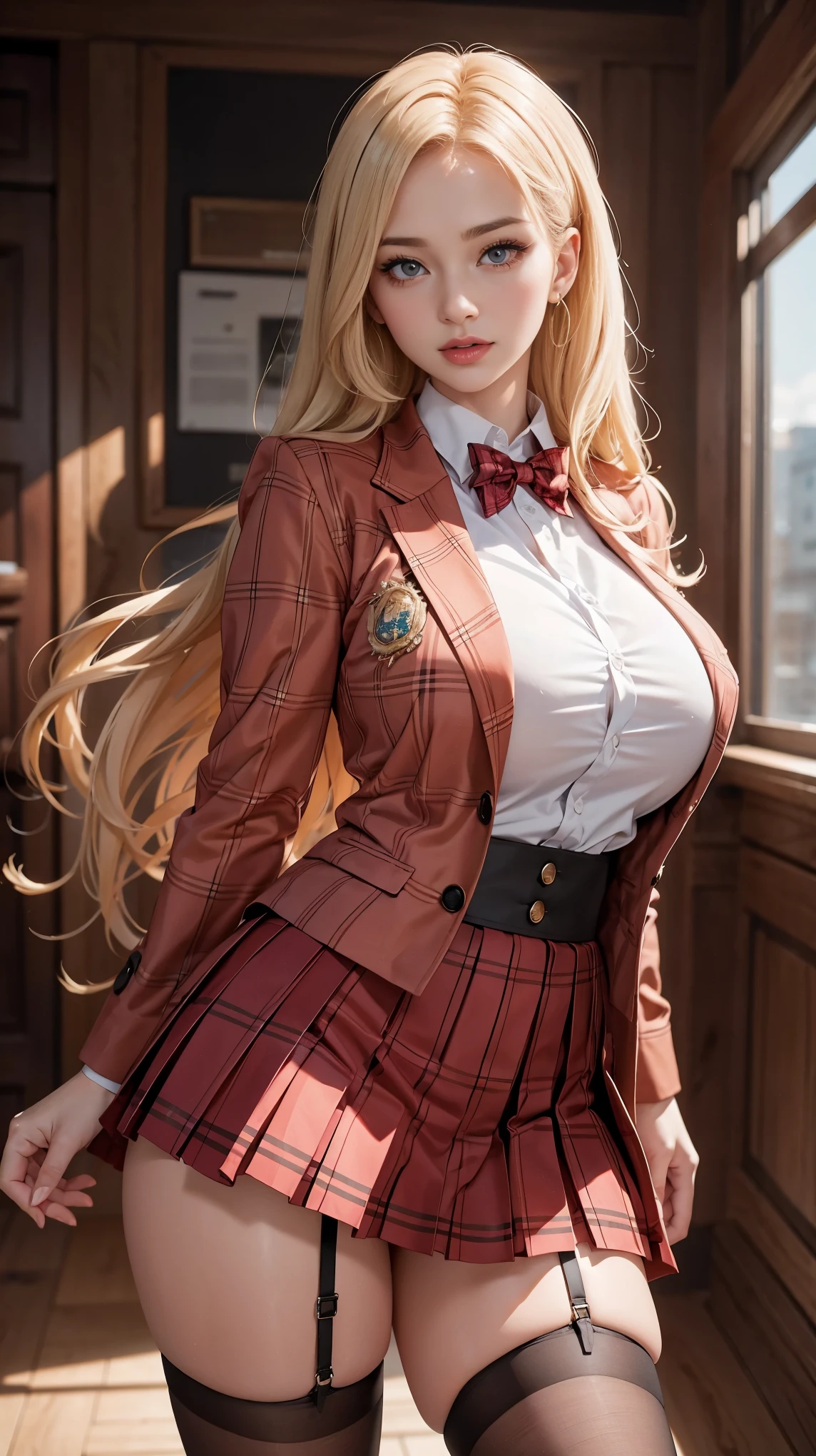 A blonde woman, 32 years old, sports jacket、High 、red plaid skirt、unbuttoned transparent shirt, plaid pleated skirt, JK style、jacket、very sexy、a slight smile、garter belts、Stockings、pantyhose、transcendent beauty、 beautiful shape、double tail hair、Long hair straight hair、age32, Best quality, voluptuous, giant breasts, busty,