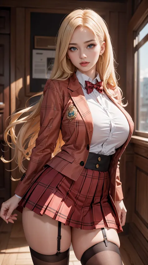 a blonde woman, 32 years old, sports jacket、high school uniform、red plaid skirt、unbuttoned transparent shirt, plaid pleated skir...