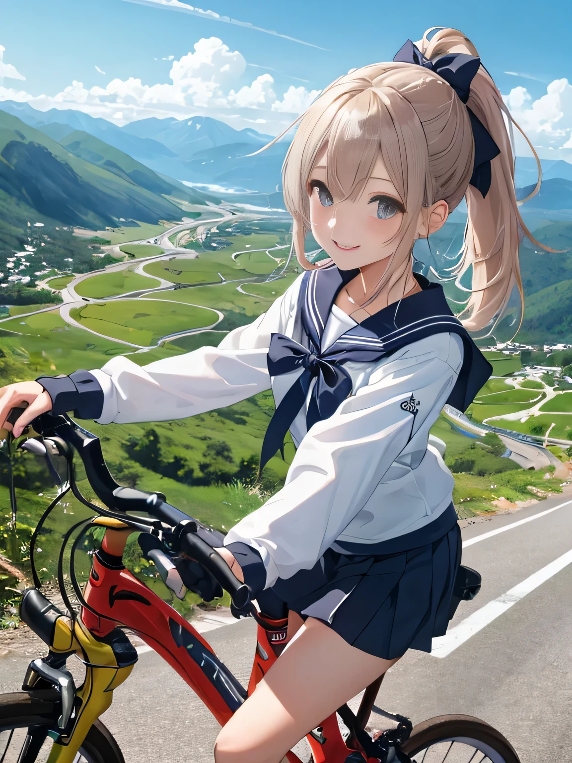 highest quality、High resolution、detailed background、beautiful and detailed face、beautiful and smooth skin、skin texture、professional lighting、Cute beautiful Iful Girl、Cute character wearing a sailor suit.、The costume is a uniform with a sailor collar and ribbon..、Cute Ponytail、 sleeveless、knee high socks、pleated mini skirt、Ride through the mountains on a road bike、
A road bike that can ride smoothly on slopes and mountain roads, Ideal for mountainous landscapes。.。mountain with nice view々Enjoy the natural beauty of valleys and canyons.。smile