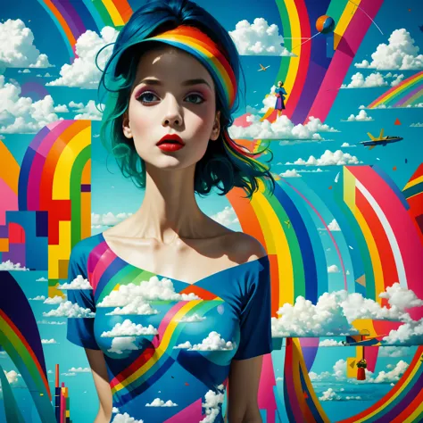 (masterpiece, best quality:1.2), 1 girl, alone，abstract surreal colors, popular geometric surrealism, rainbow colored dreams