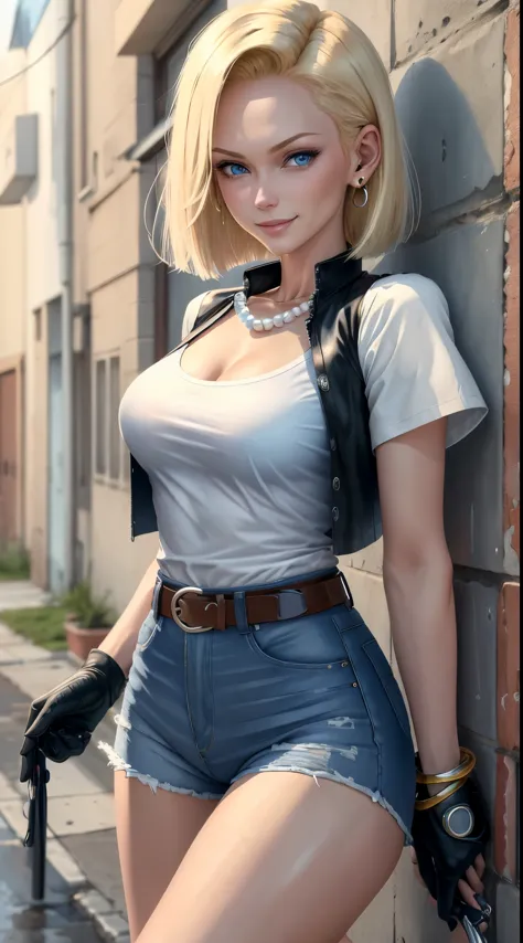 best quality, highres, and18, 1girl, android 18, solo, blonde hair, blue eyes, belt, blue jeans, pearl_necklace, bracelet, black...