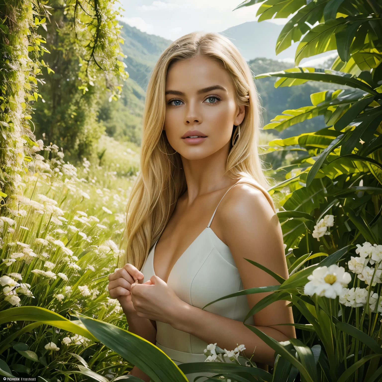 Hyper-realistic action scene in which a beautiful blonde woman closely examines the flora and fauna of a fantastic landscape. "Add extremely precise details to plants, Animales, And the seductive expression on the girl's face, 8k, CinematicLight, foto realista, Renderizado de octanaje, centrado, obra maestra, 35mm,