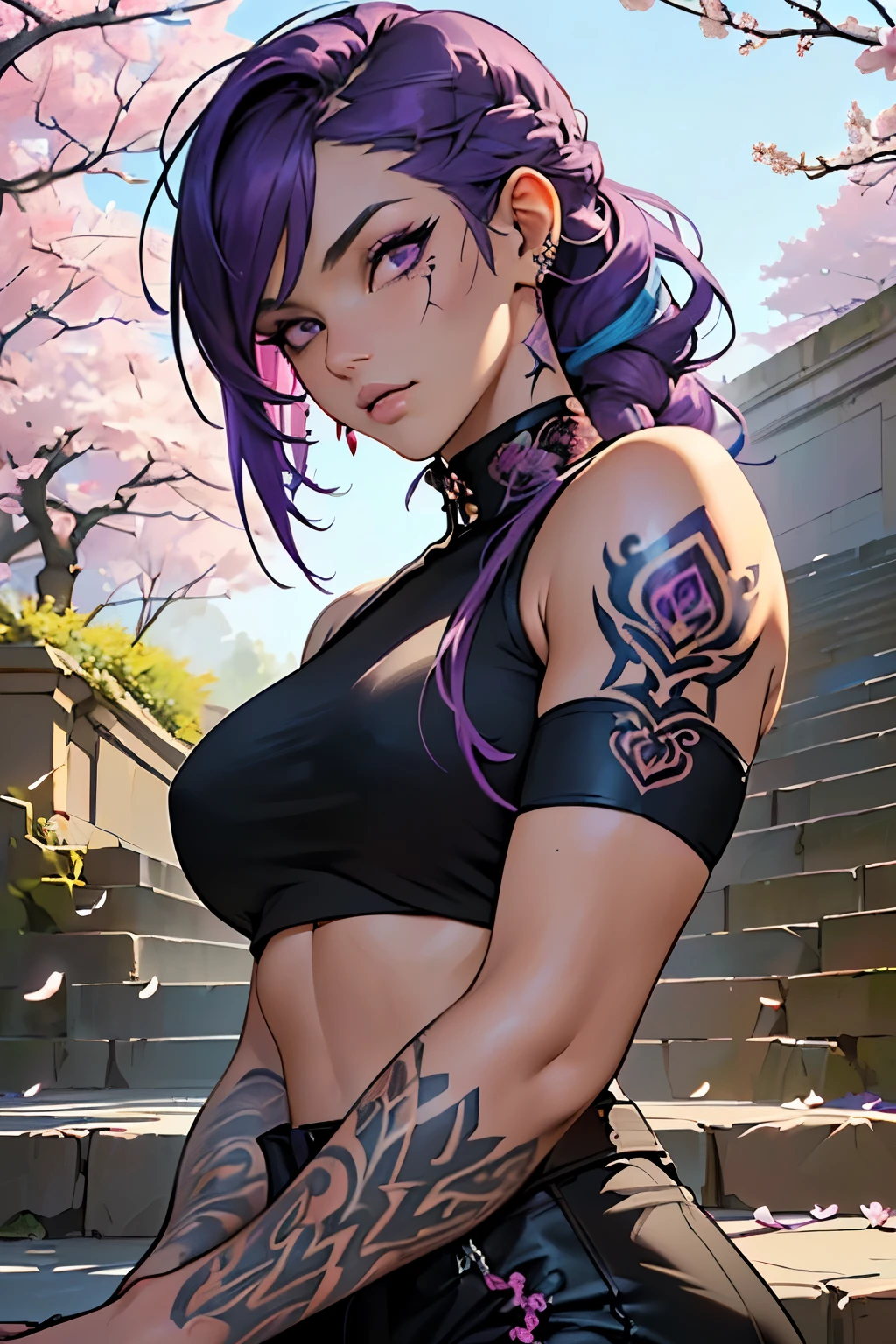 A close up of a woman with purple hair and tattoos - SeaArt AI